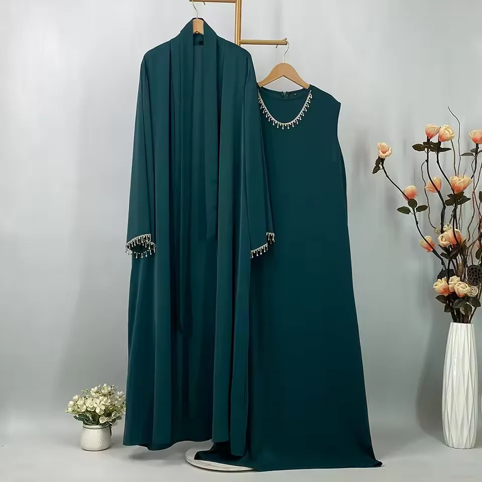

Muslim Women Open Abaya Kimono Cardigan Maxi Dress Two Piece Set Matching Outfits Eid Ramadan Islamic Kaftan Jalabiya Robe Gown