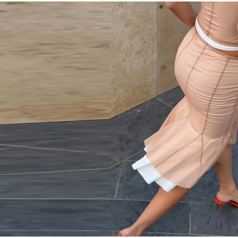 Doppellagige Mesh-Cropped-Tops und Rock-Sets für Damen, sexy Spaghetti-Träger, ärmelloses, figurbetontes Oberteil, enganliegender Midirock, schicke Damenanzüge – Detail 4