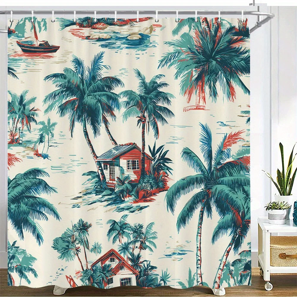 Retro Tropical Beach Pattern Palm Trees Seaside Hut Sailboat Ocean Water Illustration Bath curtain, Cozy Soft Warm Throw