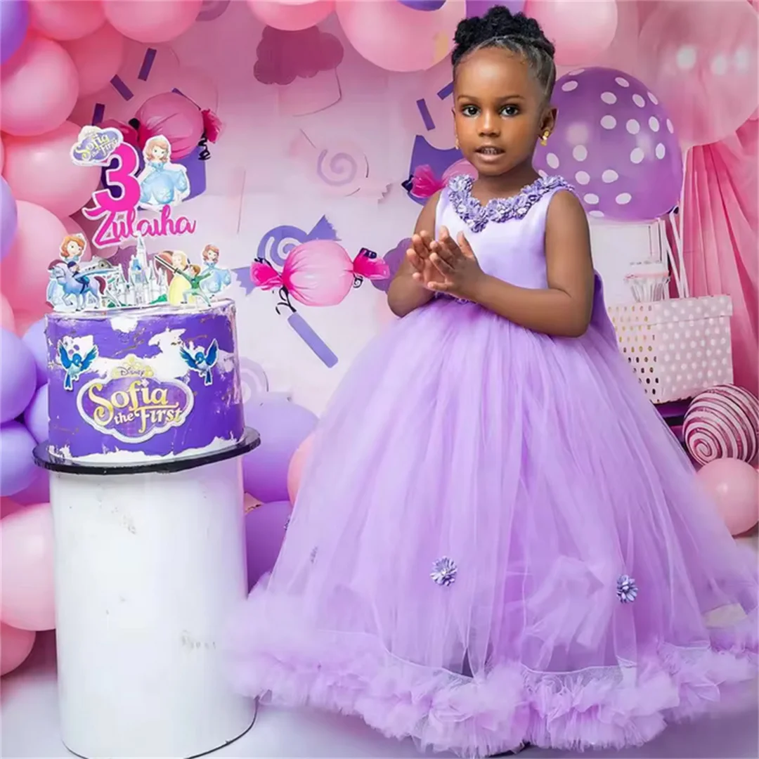 Vestidos de niña de flores de lavanda personalizados para boda, vestidos florales de satén sin mangas para niños, vestidos de cumpleaños para bebés, vestidos de primera comunión