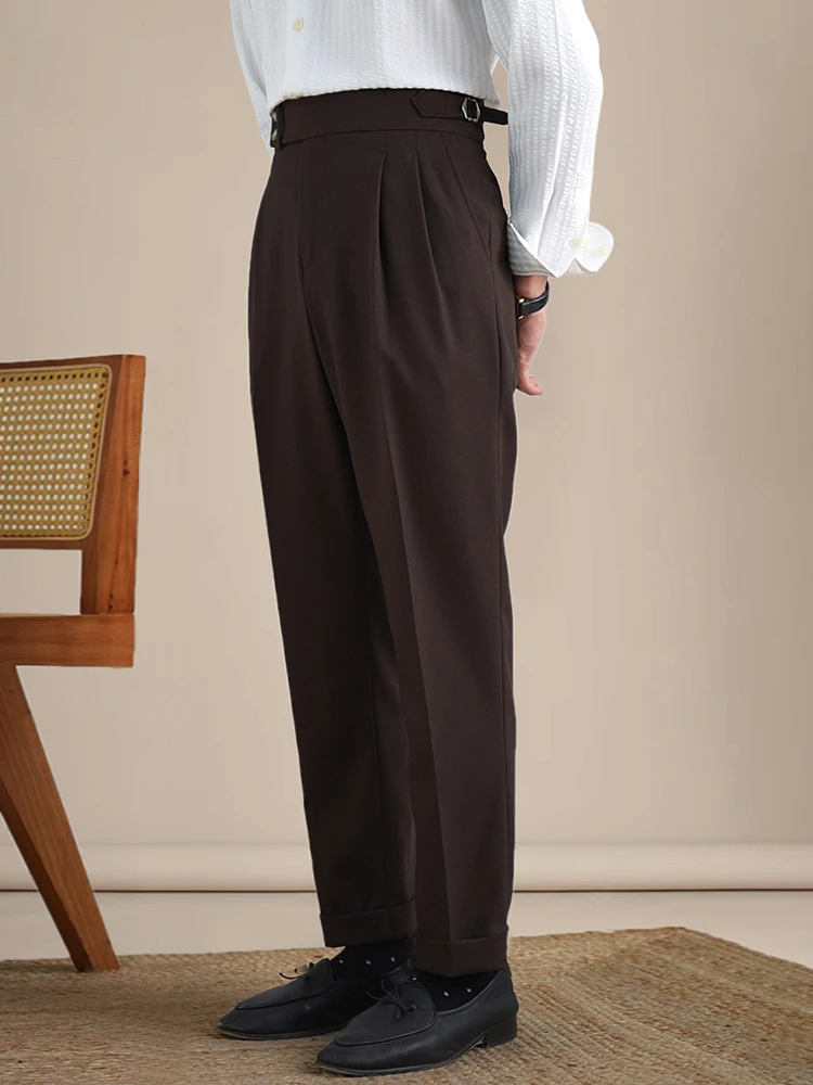 Naples Double Fold High Waist Linen Suit Pants For Men Summer Breathable Straight Leg Office Trousers Men Pantalon Costume Homme