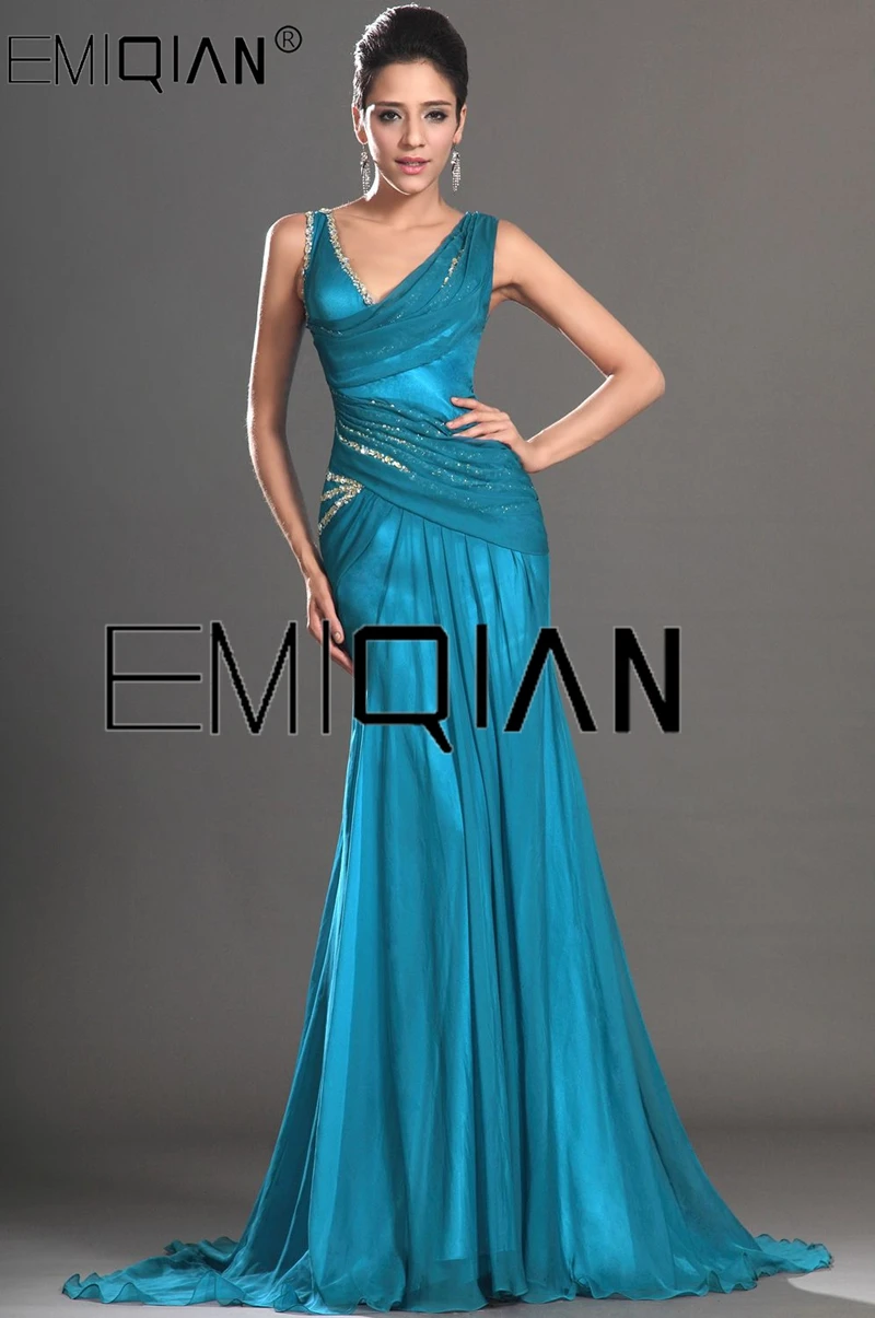 New Stylish V Neck Court Train Beaded Turquoise Chiffon Evening Dresses