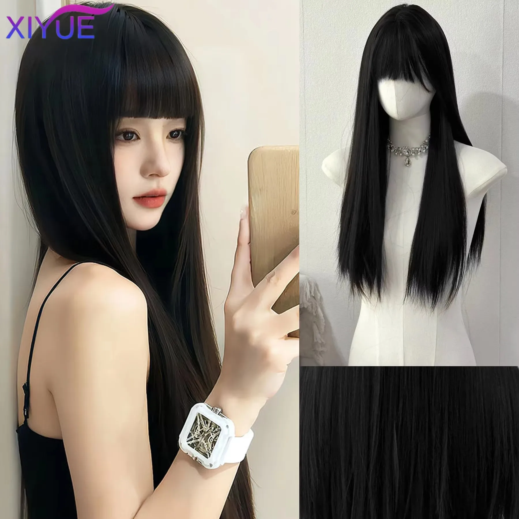 

XIYUE Long Silky Straight Synthetic Wigs with Bangs Black Cosplay Party Lolita Hair Wigs for Women Natural Heat Resistant Wig