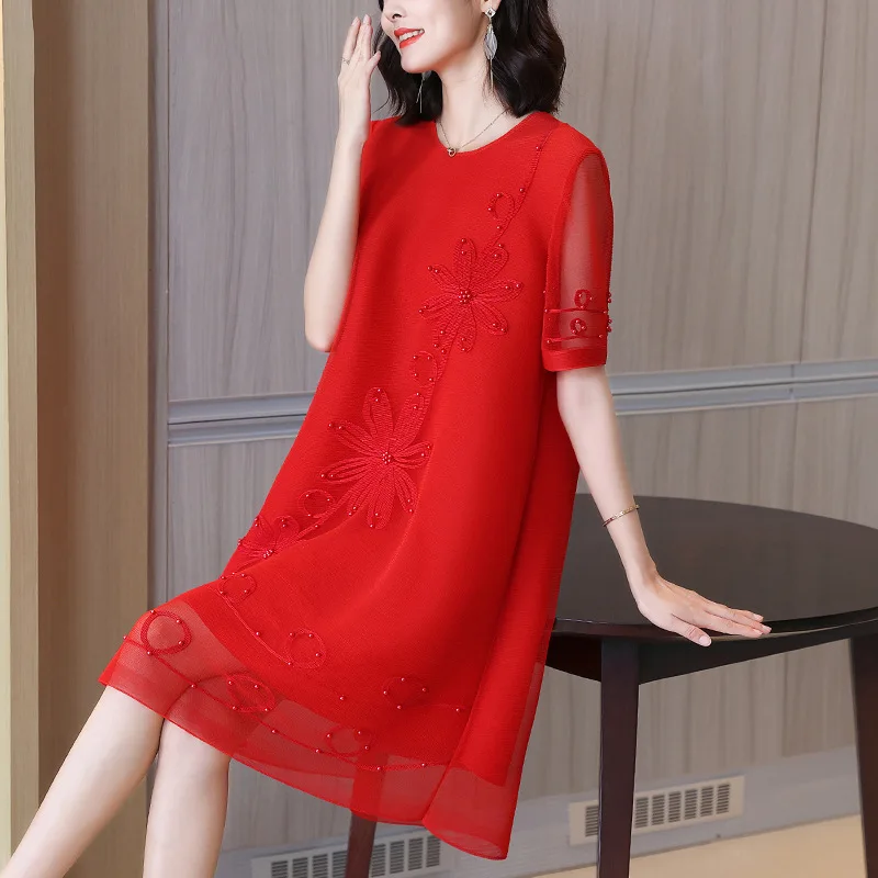 

Mother's Summer Dress Short Sleeved Dress 2022 New Women's Foreign Style Aging Red Wedding Large Women's Dress