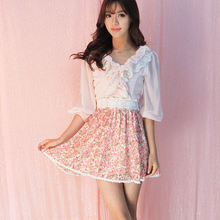 SALES Original Liz Lisa Whole Lace Chiffon Collar Floral Printed Mini Dress