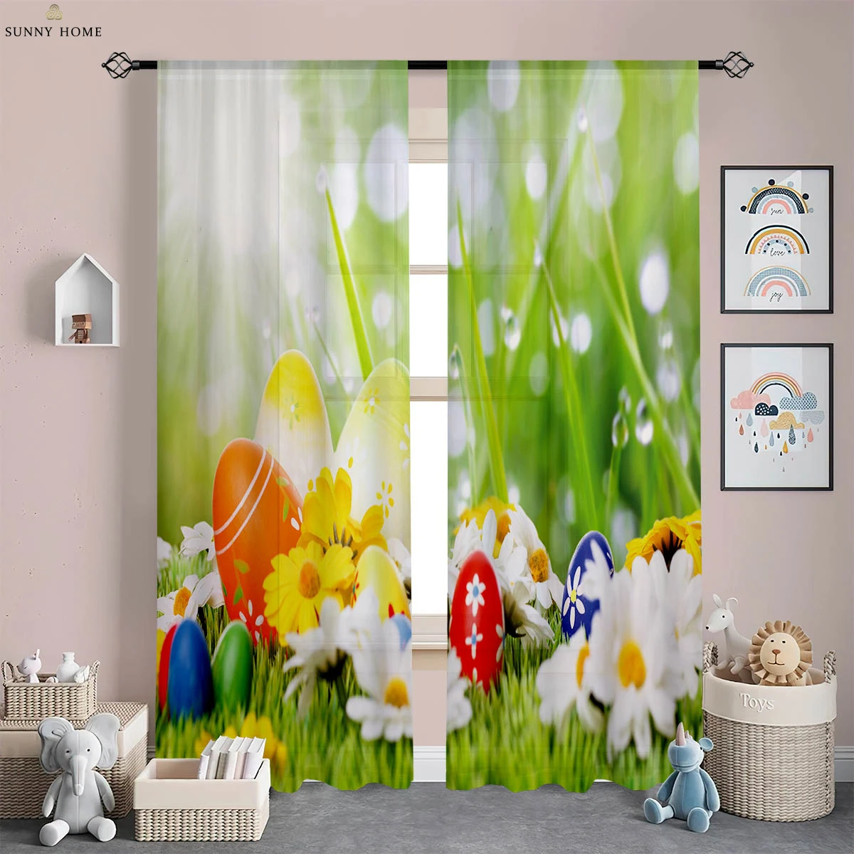 

2 Pieces Easter Bunny Egg Printed Curtains American Retro Curtains Bedroom Living Room Kitchen Decorative Curtains