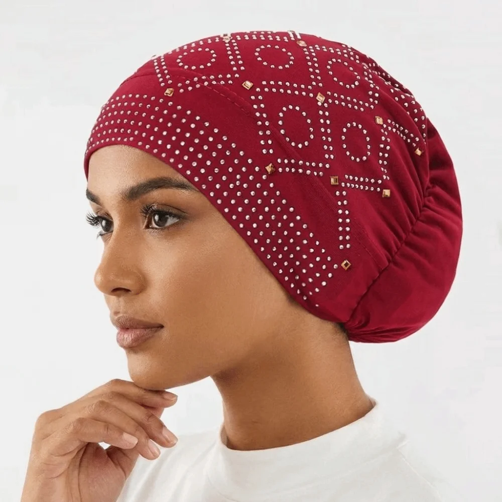 Inner Hijab Rhinestone Turban Hat Mesh Elastic Indian Headscarf Shiny Pre-tied Headwrap Cap Ladies