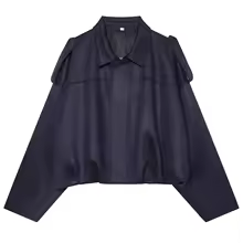 Suede Jacket Cropped Lapel Zip Up Bomber Outerwear for Women - Navy Blue