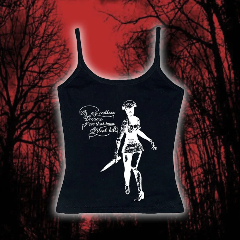 

Vintage Y2K Tops Punk Letter Print Casual Cute Tops Harajuku Gothic Streetwear Women Sleeveless Sling Crop Tops 2000s Emo Girls