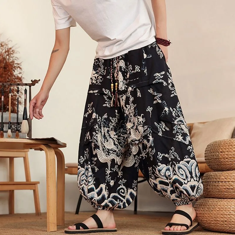 Male Cotton Linen Chinese Style Bloomers Harem Pants Men Boy Loose Big Size M-XL Trousers Handsome Cool Pockets Print Pantalones