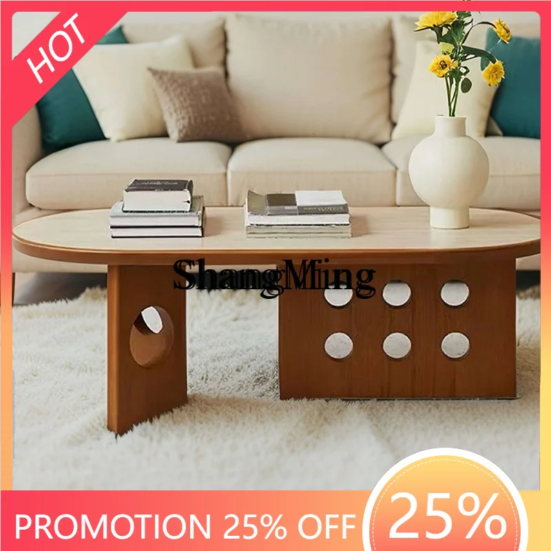 

SM Home Retro Solid Wood Coffee Table with Travertine Stone Slab for Living Room, Simple and Luxurious Creative Table