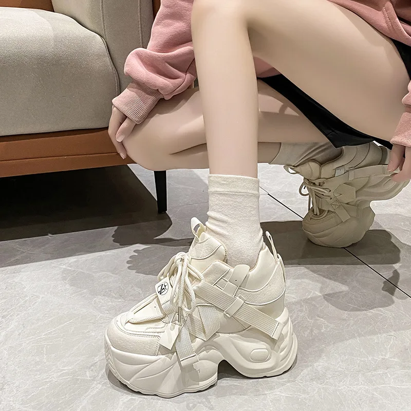 New Winter Women Casual Platform Plush Sneakers 10CM High Heels Warm Sports Leather Shoes Trainers Chunky Sneakers Zapatos Mujer