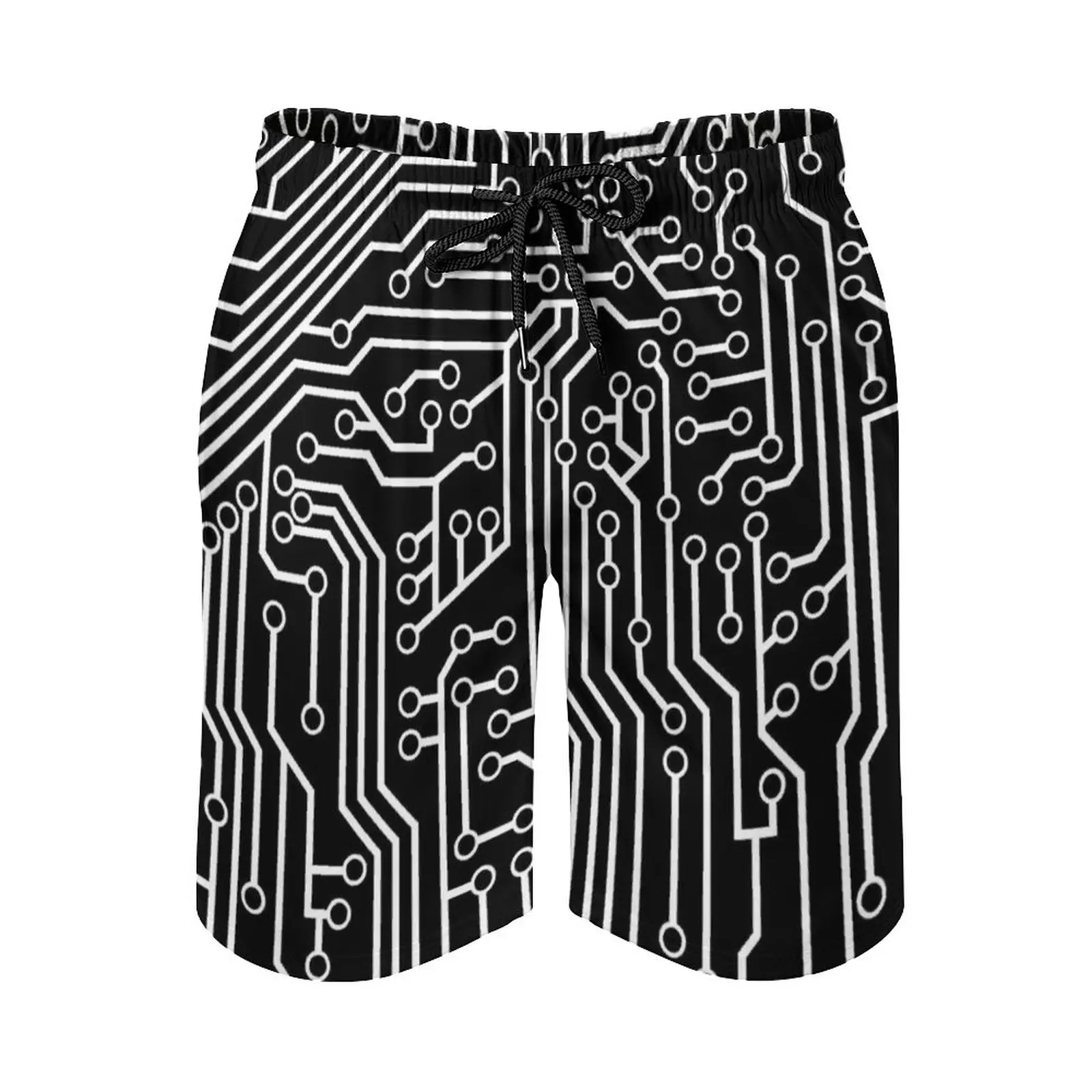 

Modern Black And White Cybernetic Circuit Board Pattern Men's Beach Shorts 3D Printing Loose Surf Board Shorts Beachwear Cyber