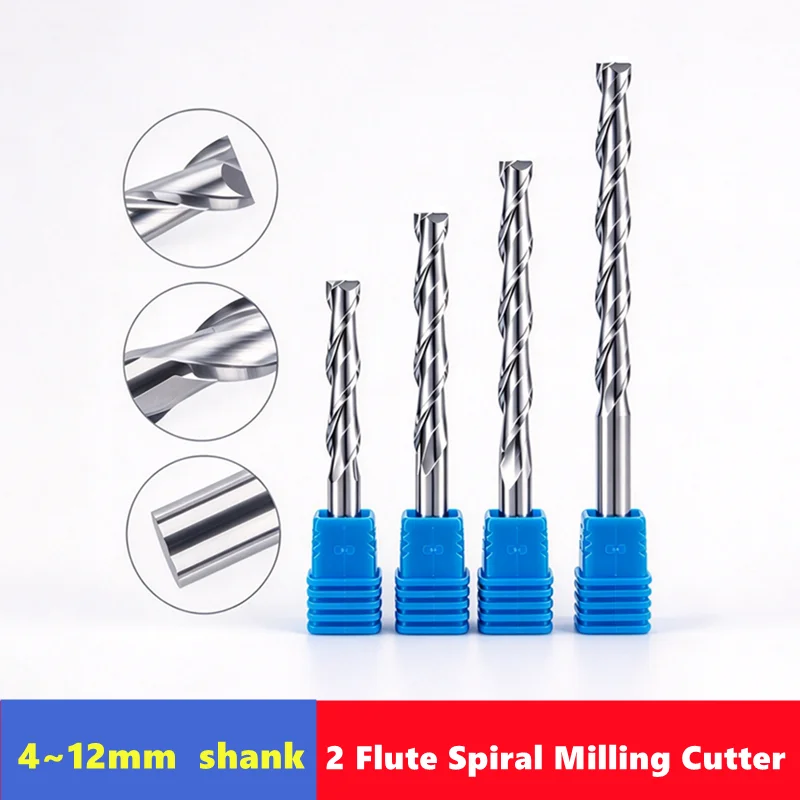 4/6/8/10/12mm Shank 2 Flute Spiral End Mill Carbide CNC Router Engraving Bit PVC MDF Milling Cutter Spiral Router Bit for Wood