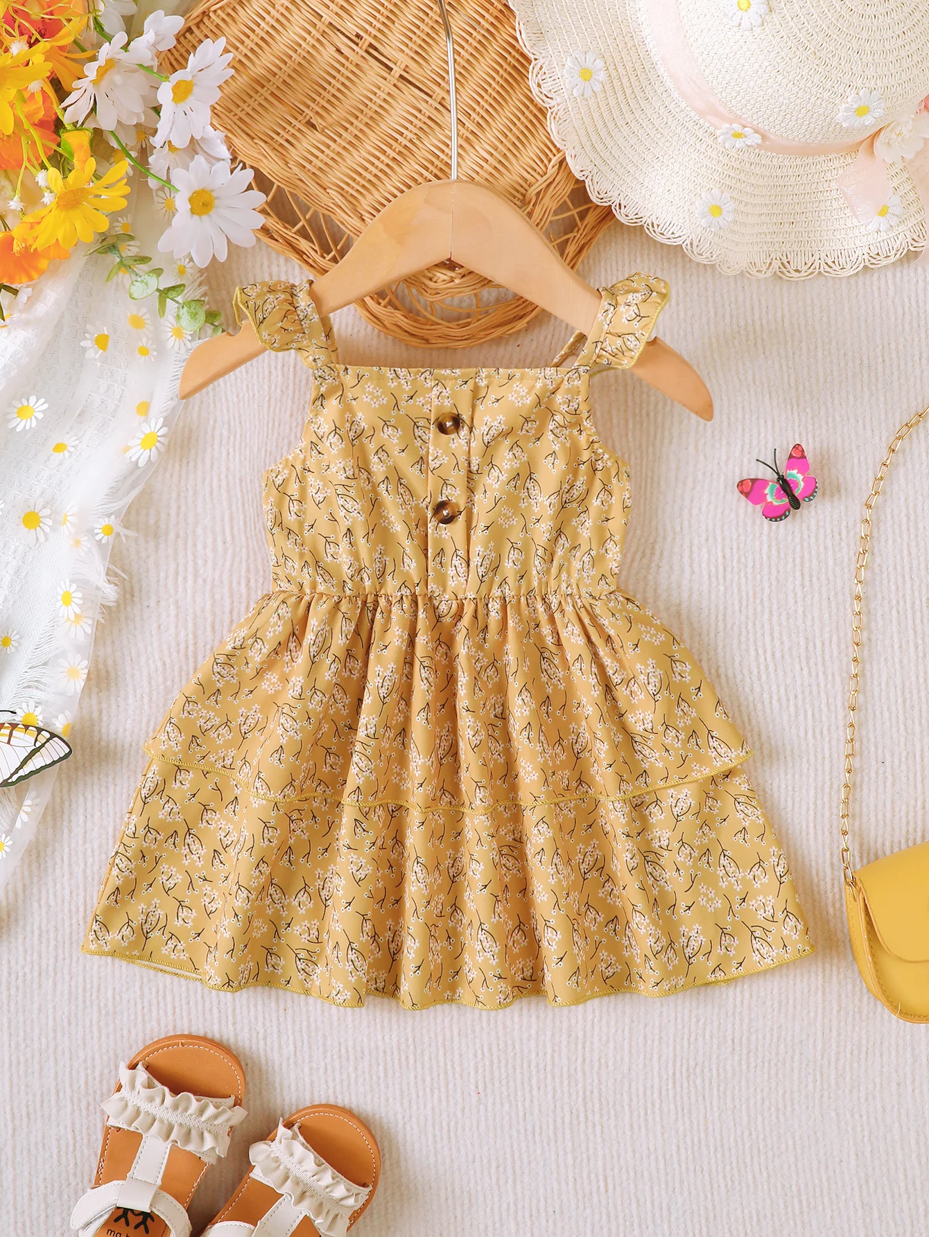 Summer  0-1  Years  Old   Infant   Baby  Girls  Sleeveless   Fragmented  Floral  Print  Spaghetti Strap  Dress