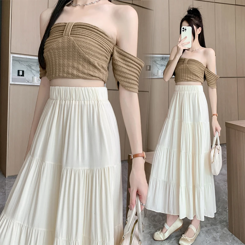 

Coigarsam Women Long Skirt Spring 2024 Office Lady Korea Style Solid Knitted High Waist Black White Skirts