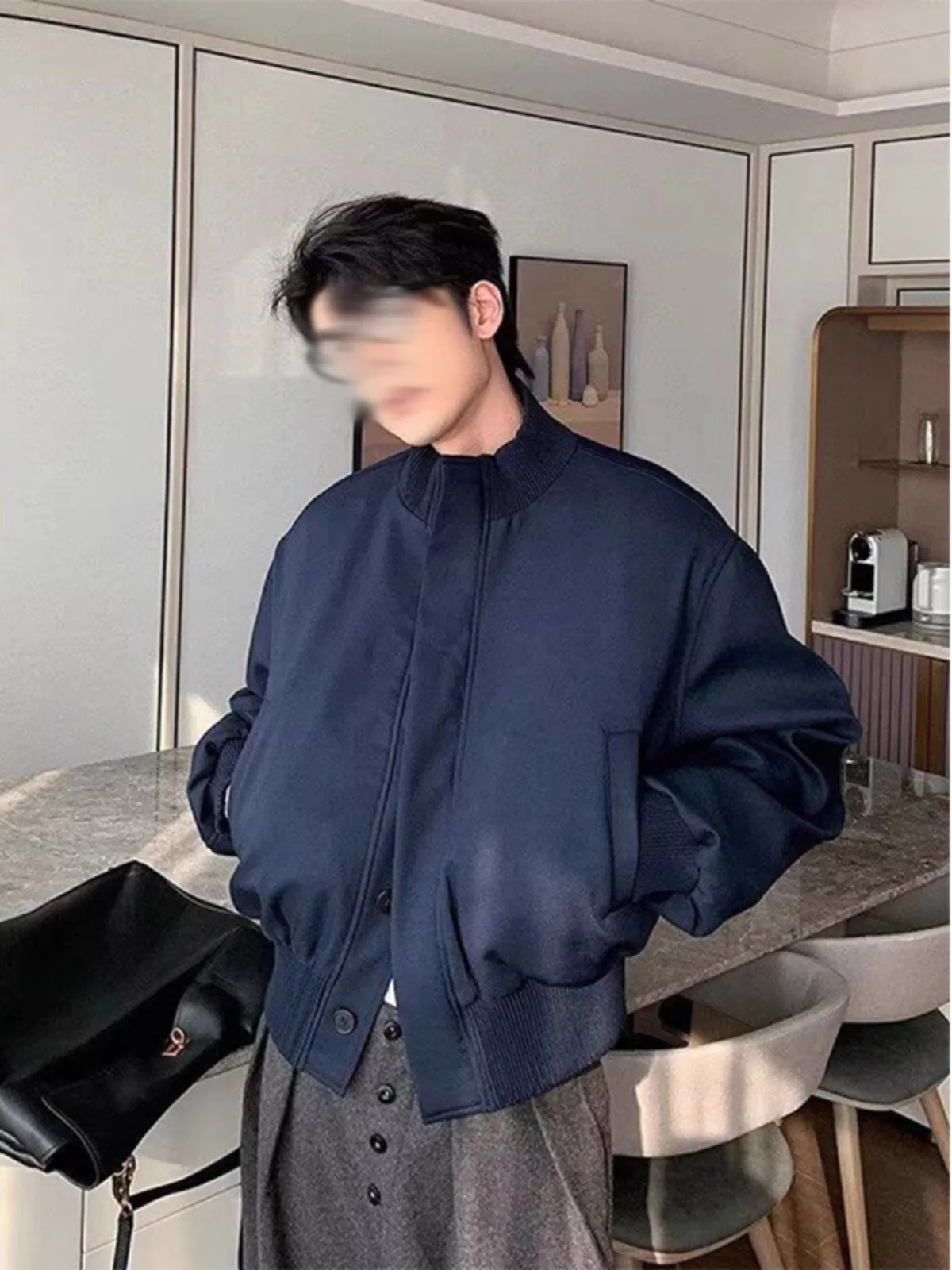 

Oumulong Men's Flight Jaet oulder Line Stand Collar Spring Autumn High Sensation Cool ort Top Pure Color Zipper Closure