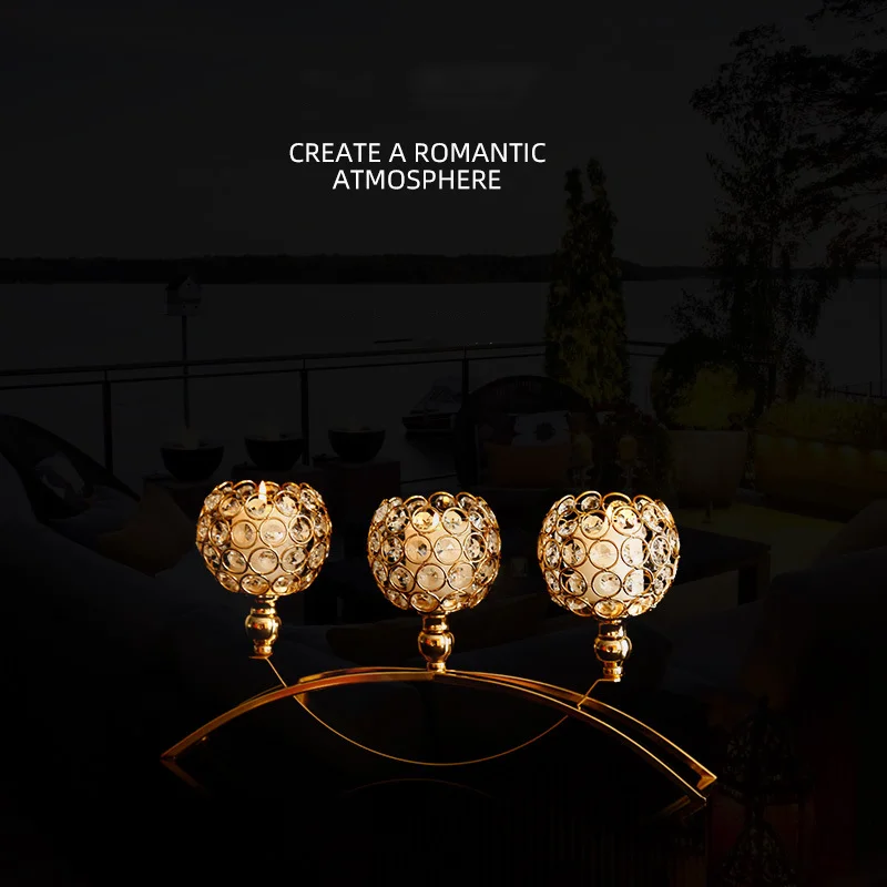 Nordic Light Luxury Wedding Props Crystal Ball Romantic Desktop Three Head Hollow Candlestick Iron Art Candle Cup Decoration