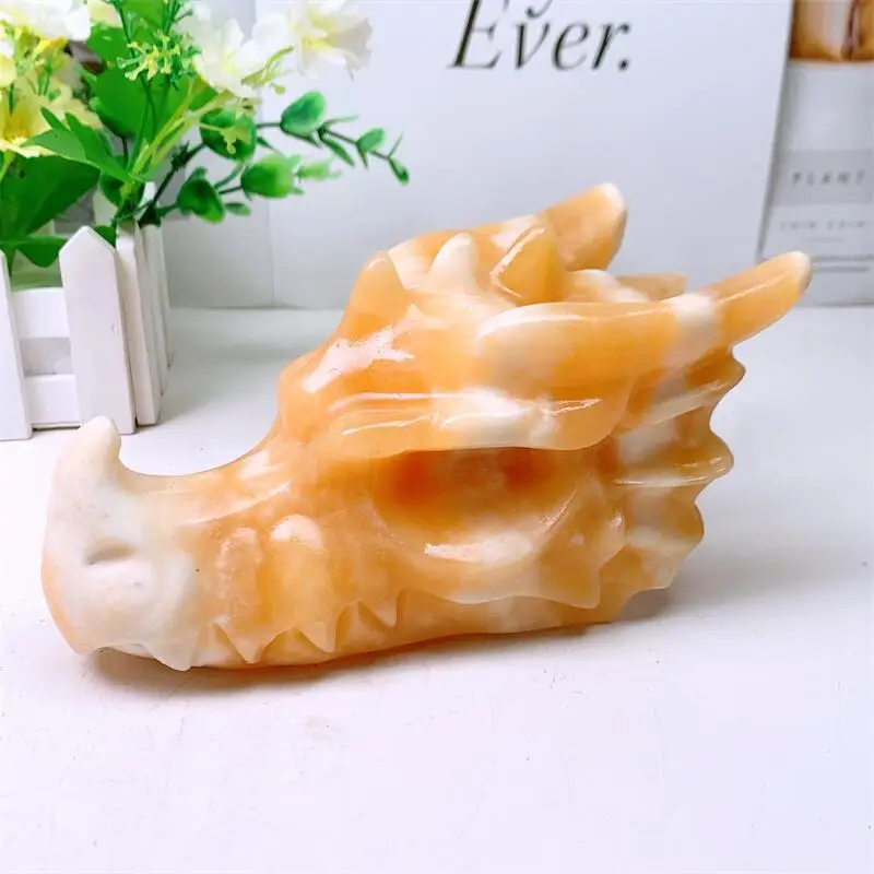 17.5CM Natural Yellow Calcite Dragon Skull Head Polished Animal Powerful Statue For Home Decoration Gift 1pcs