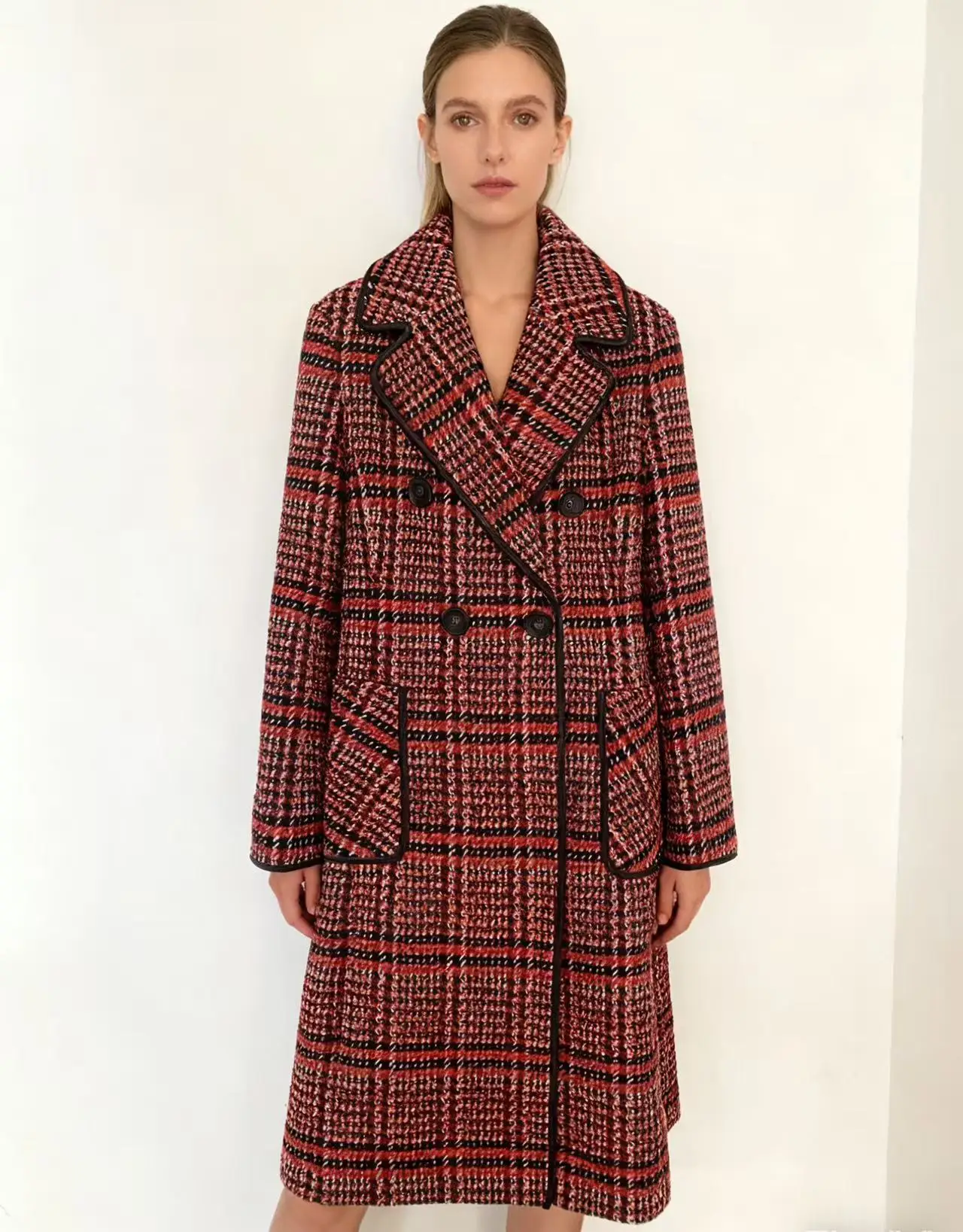 

Retro Plaid Coat Women's Woolen Outerwear 2025 Korean Style Spring/Fall Mid-Length Woolen Coat Fashionable