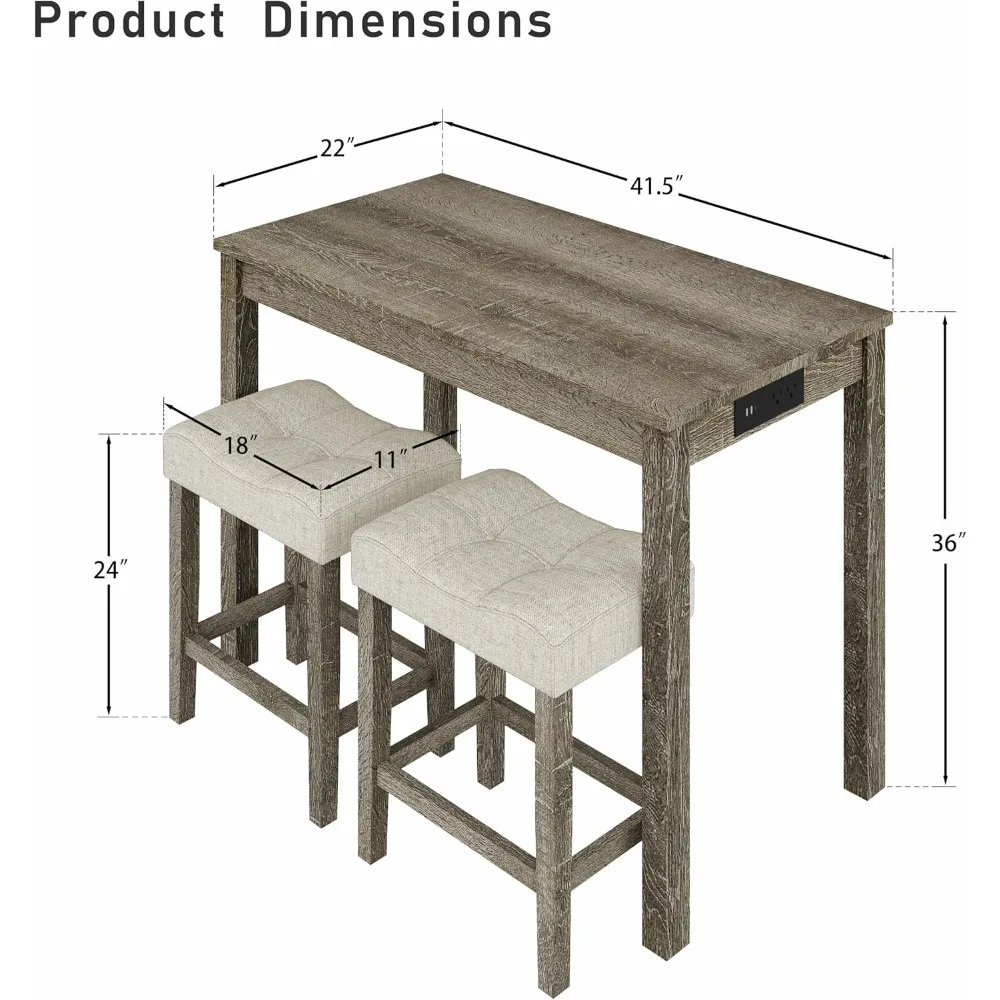 3-Piece Counter Height Bar Table Set with Socket and 2 Fabric Padded Stools, Tall Kitchen Dining Set