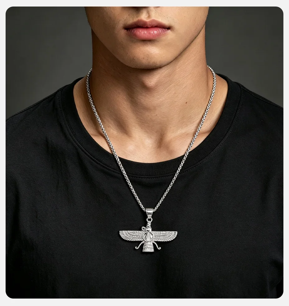 Vnox Iced Faravahar Pendant Stainless Steel Zoroastrian Wing Symbol Rhinestone Amulet 60cm Wheat Chain Hip Hop Necklace for Men
