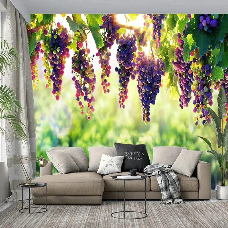 Custom 3D Wallpaper Sticker Idyllic Purple Grape Fruit Leaves Mural Living Room TV Sofa Background Wall Home Decor Papel De Par