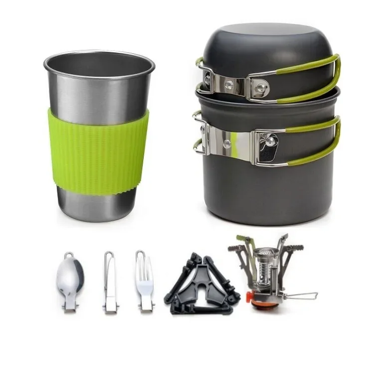 Outdoor Portable Tableware Set Camping Pan Pot Cookware Set with Stove Canister Stand Tripod Cup Stainless Steel Aluminum