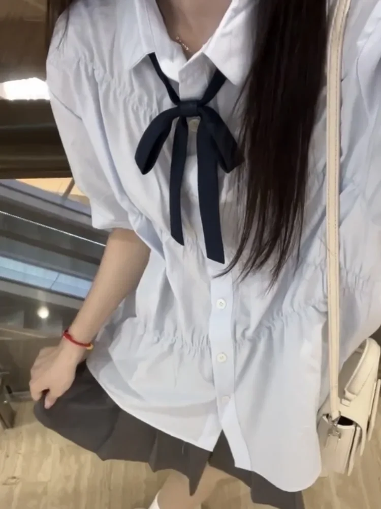 

Летняя японская элегантная синяя блузка, повседневная винтажная блузка с отложным воротником и коротким рукавом, милая блузка с бантом Y2k, эстетические женские плиссированные топы