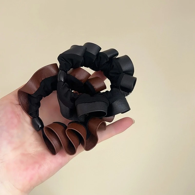 

2pc Fashion PU Black Khaki StyleGood Elastic Hair Ties Rings Rope for Women Girls for Hair Accessories Ponytail Holder