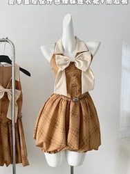 Summer Women Old Money French Vintage Bow Plaid Sleeveless Dress LuxuryFrocks One-Piece 2000s Aesthetic Gyaru Party Evening