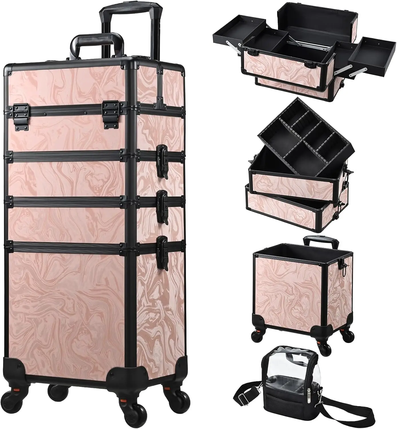4 In 1 Rolling Cosmetology Makeup Case Wheeled Cosmetic Travel Trolley Cart Trunk Swivel Wheels Salon Barber Keyed Alpine Pink P