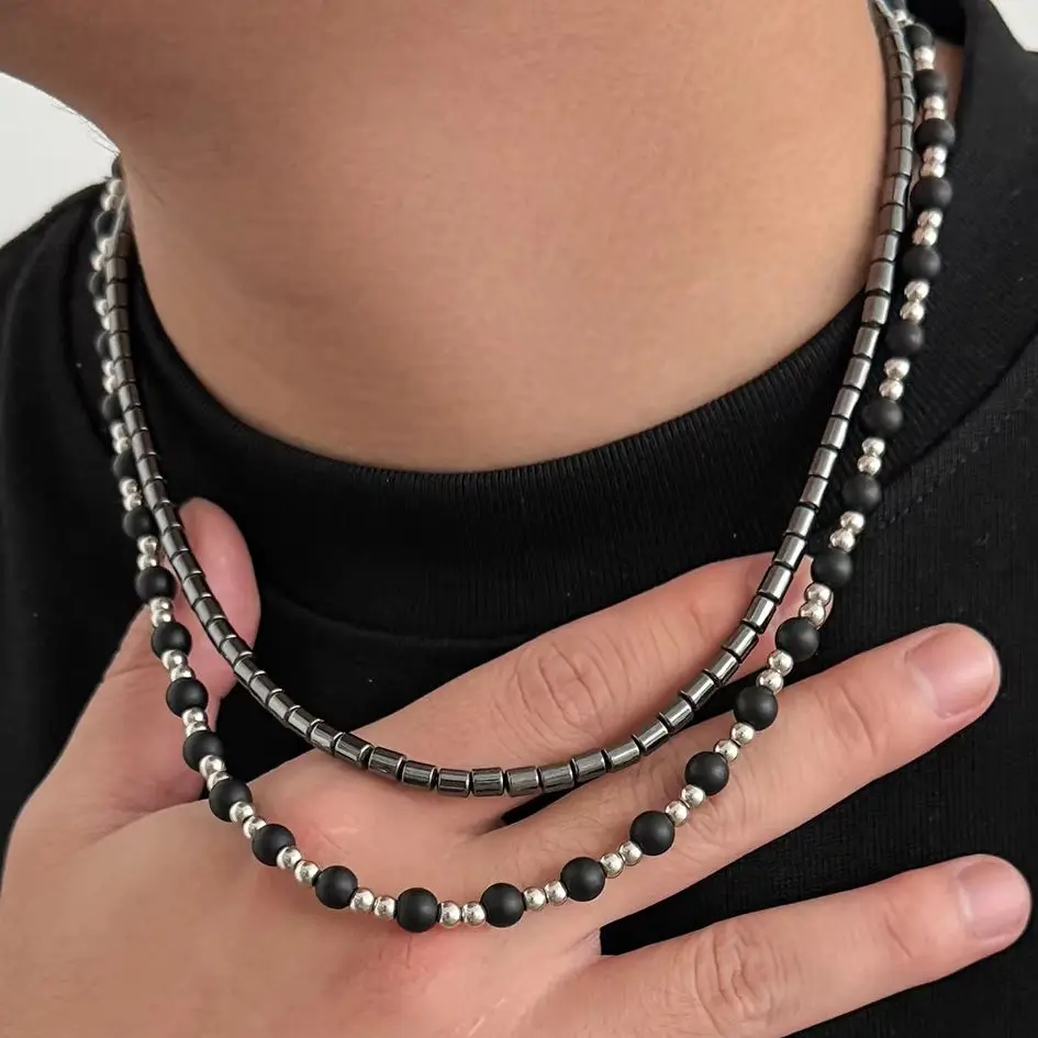 KunJoe 2Pcs/set Vintage Black Frosted Stone Beaded Short Necklace for Man Classic Stone Strand Surfer CCB Choker On Neck Jewelry