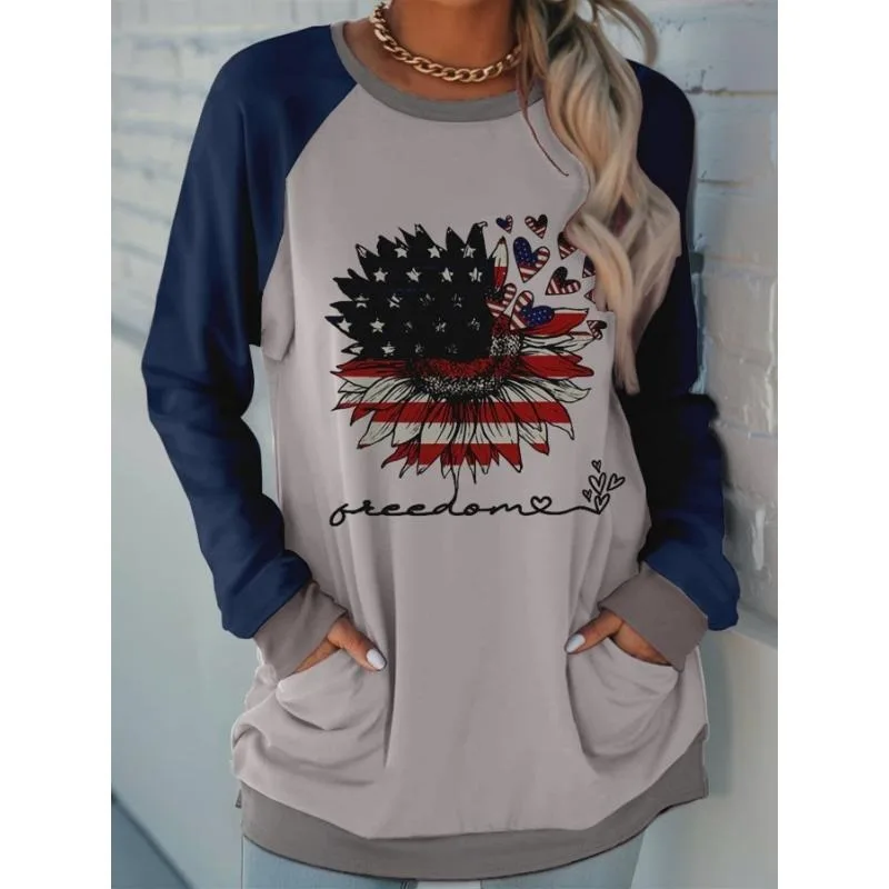 New Fashion Hot Selling Plus Size Women's Sunflower Printed Colour Patchwork Comfortable Sweatshirt with Pockets