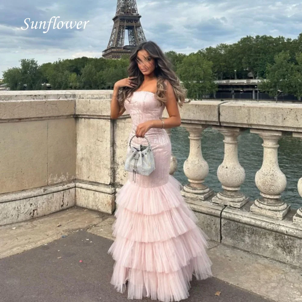 

Sunflower Strapless Prom Gowns Sleeveless Mermaid Evening Dress Tiered Tulle Party Dress 2023 Floor-Length High-end Custom