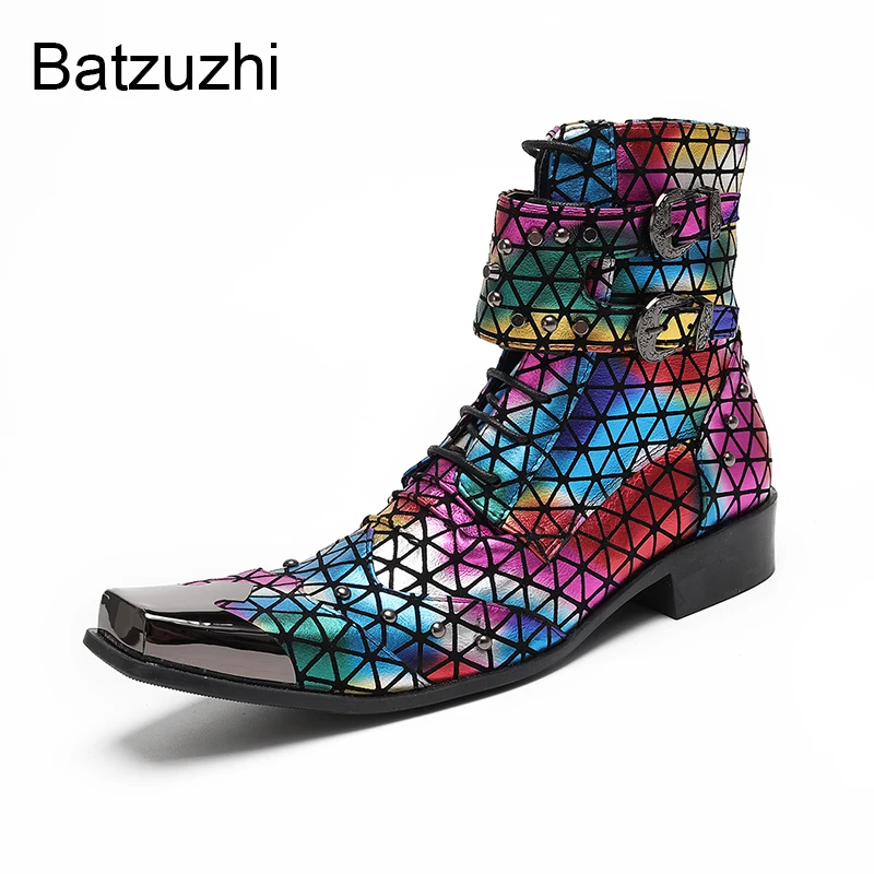 Batzuzhi Pop Muti-color Men's Boots with Metal Toes Punk Leather Ankle Boots Men Zips Buckles Punk Party, Runway Boots for Man!