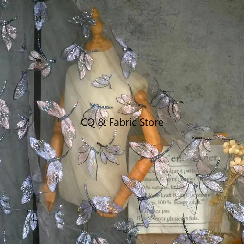 Sequined Gold Thread Dragonfly Embroidery Mesh Lace Fabric For Lady Dresses Skirt Costume DIY Tulle Material
