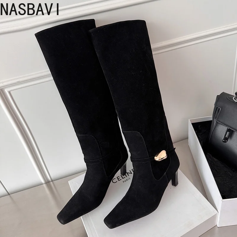 NASBAVI 2026 موضة النساء حذاء برقبة للركبة فو الجلد المدبوغ عالية الكعب الشتاء أحذية امرأة أشار تو أحذية طويلة فستان سيدة حجم 34-40 #3