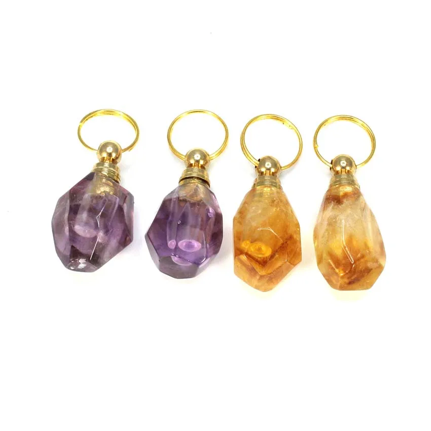 Natural Citrine Crystal Irregular Faceted Stone Perfume Bottle Pendant Necklace Amethyst Quartz Essential Oil Diffuser Vial