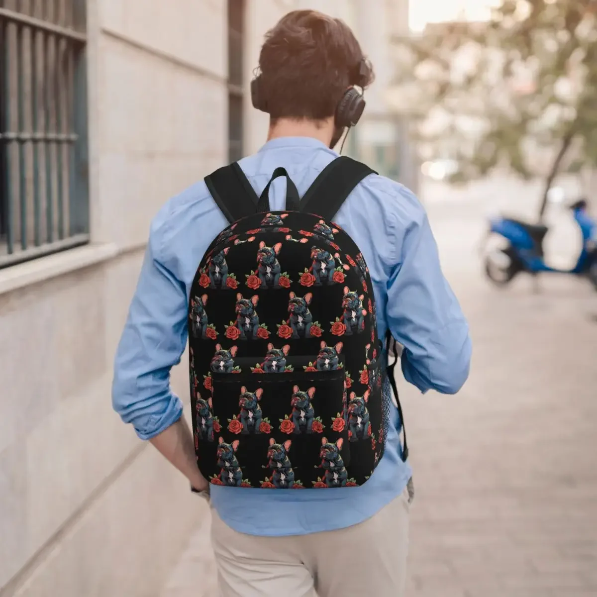 French Bulldog With Flowers Student Backpack School Bag Hiking Travel Daypack for Men Women Bookbag Shoulder Bags