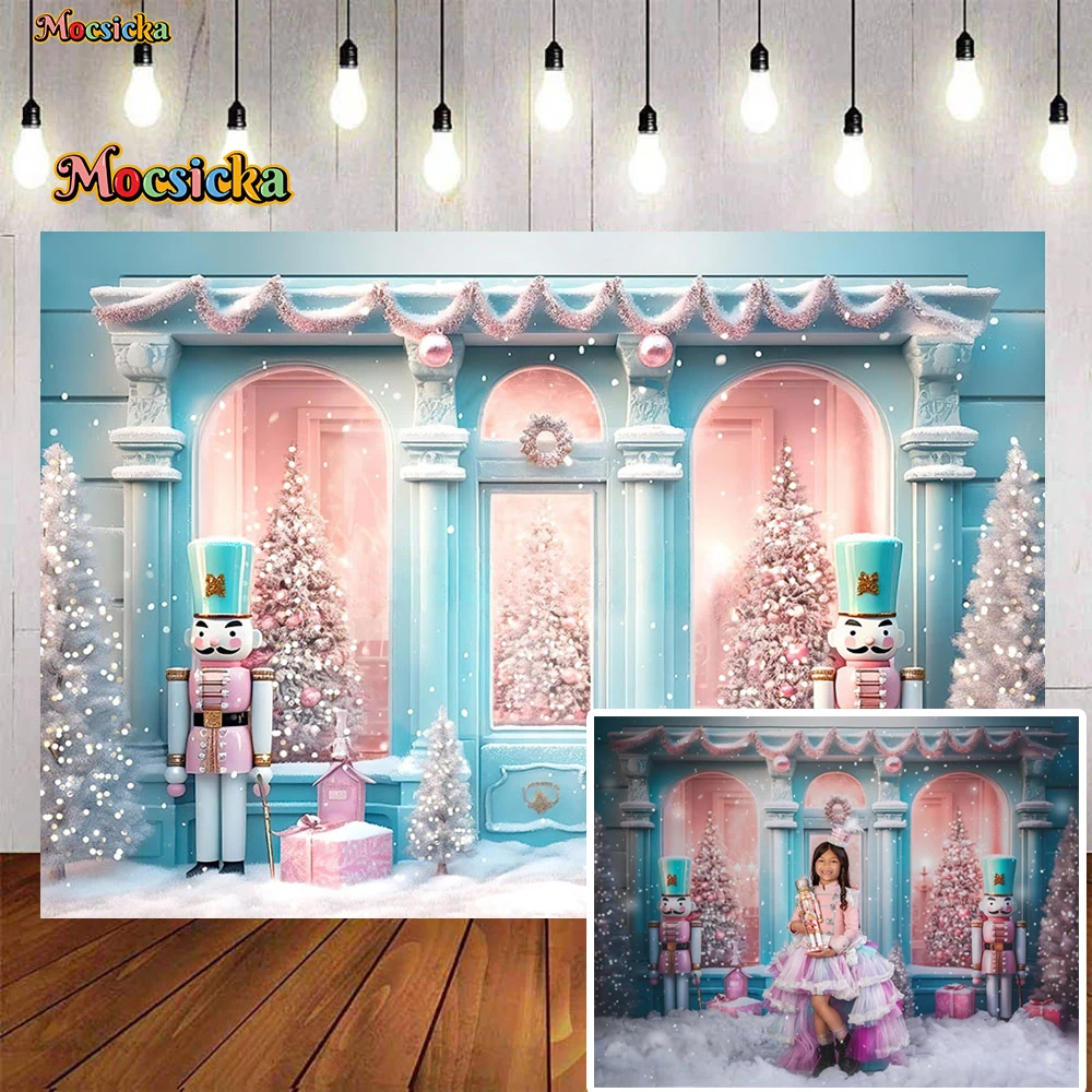 

Dreamy Blue Christmas Shop Front Background for Girls Birthday Photo Pink Nutcracker Soldier Snowflake Xmas Tree Backdrop Decor