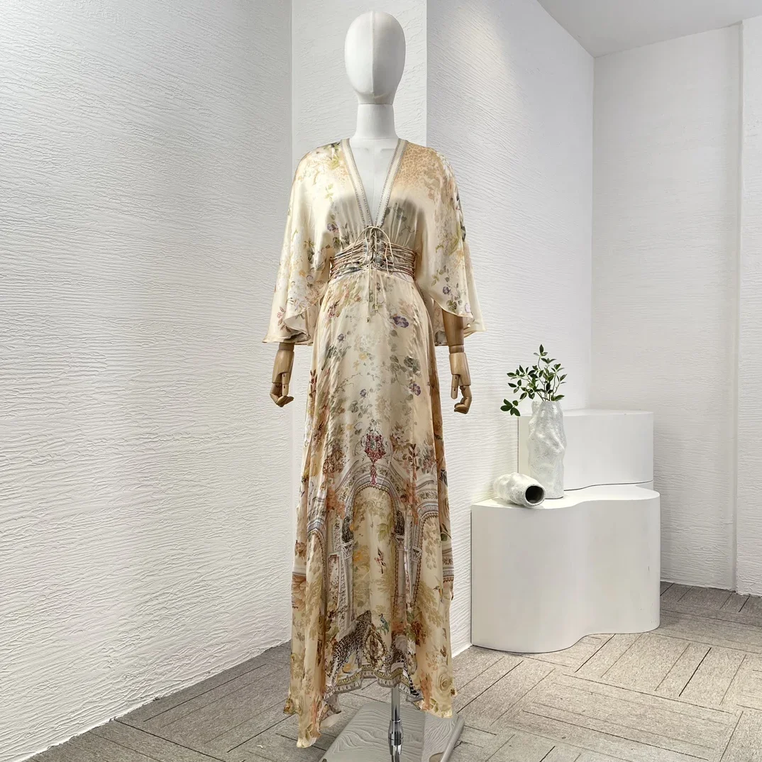 2024 Autumn New Yellow Golden Leoprad Floral Print 3/4 Sleeve V Neck Maxi Dress for Women