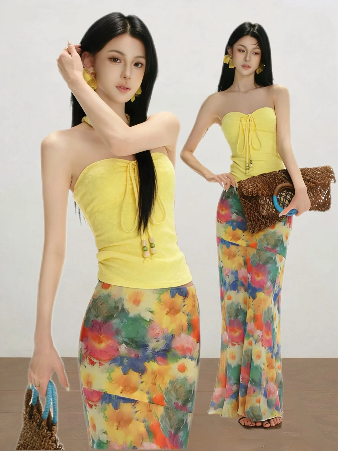 

Комплект из топа-бюстье и юбки Beloved Thousand Girls Gold Spicy Flower Knot Slimming Tube Top Skirt Set, женский модный летний наряд в элегантном стиле, длинный фасон.