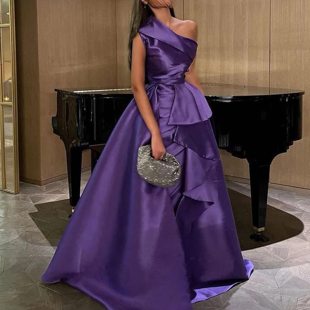 

Customized Satin A-Line One Shoulder Evening Dress Sleeveless Floor Length Panel Train Solid Color Bespoke Occasion Gowns