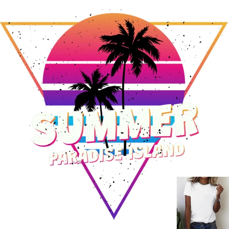 Retro Summer Coconut Tree Sunset Heat Transfer White Ink Iron - on Patch, Suitable for T - shirts/Canvas Bags, Vacation - style