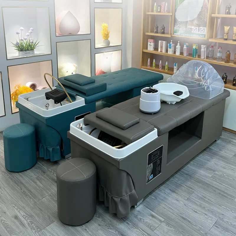 

Hot Sale Thai Style Leather Hair Washing Chair Bed With Water Therapy System Lay Down Hair Beauty Salon Hair Shampoo Bed