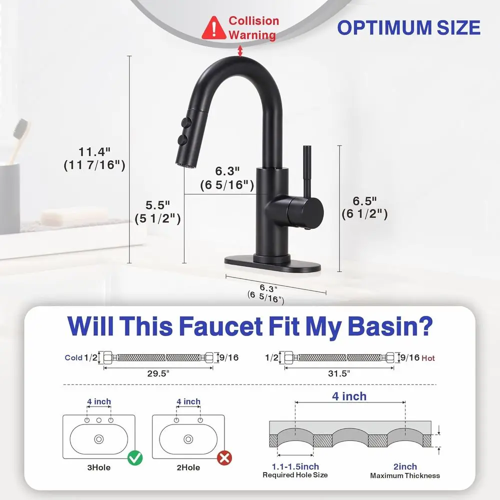 Matte Black Single Handle Pull-Out Spray Faucet with Pop-Up Drain for Laundry Sink, KBL-7002B-CL2