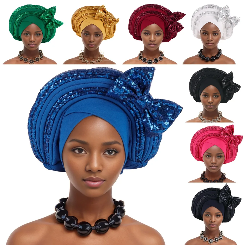 

African Auto Gele Headties Women Glitter Sequins Turban Cap Wedding Party Bonnet Nigeria Headscarf Headgear Already Aso Oke Made