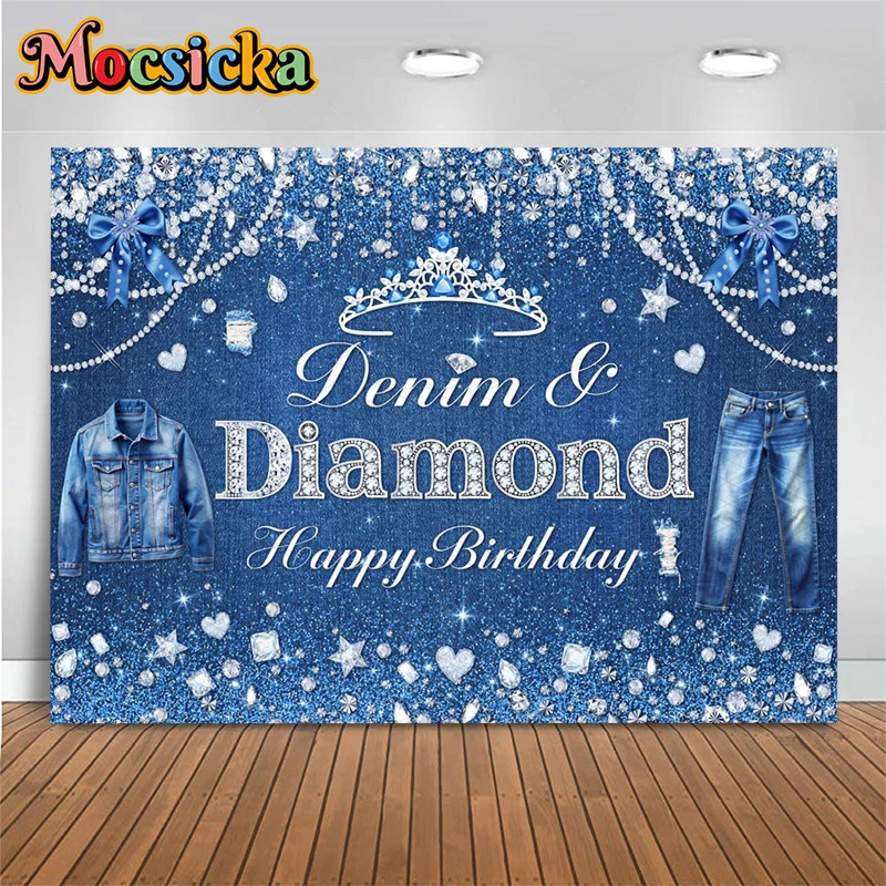Mocsicka Happy Birthday Backdrop Blue Denim Glitter Diamond Photography Background Kid Girl Party Decorations Photo Booth Banner