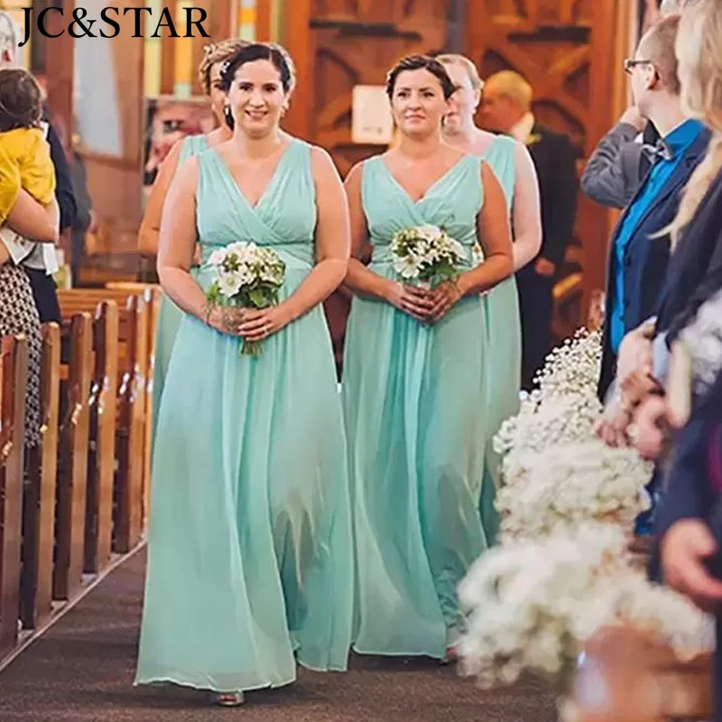 

Mint Green Bridesmaid Dresses Chiffon V Neck Floor Length Elegant Maid of Honor Gown Country Beach Wedding Formal Evening Gowns